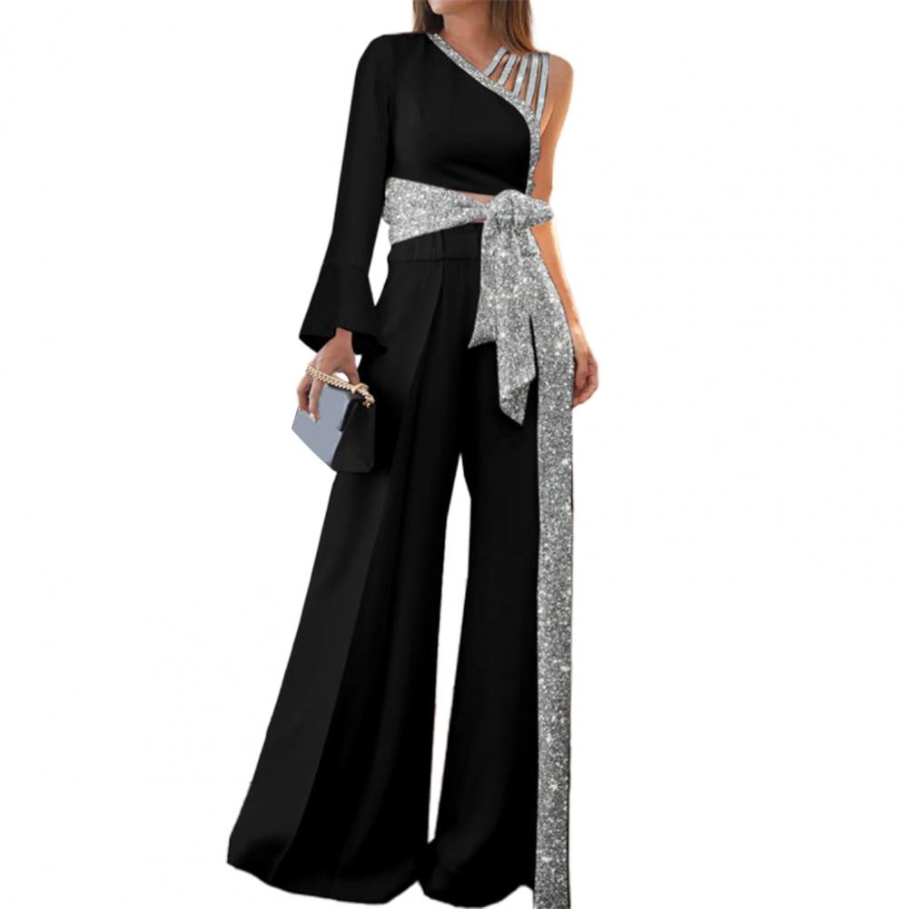 2pcs/set Women Outfit Bandage Bowknot Long Pants Wide Leg One Shoulder - Executive-Skincare