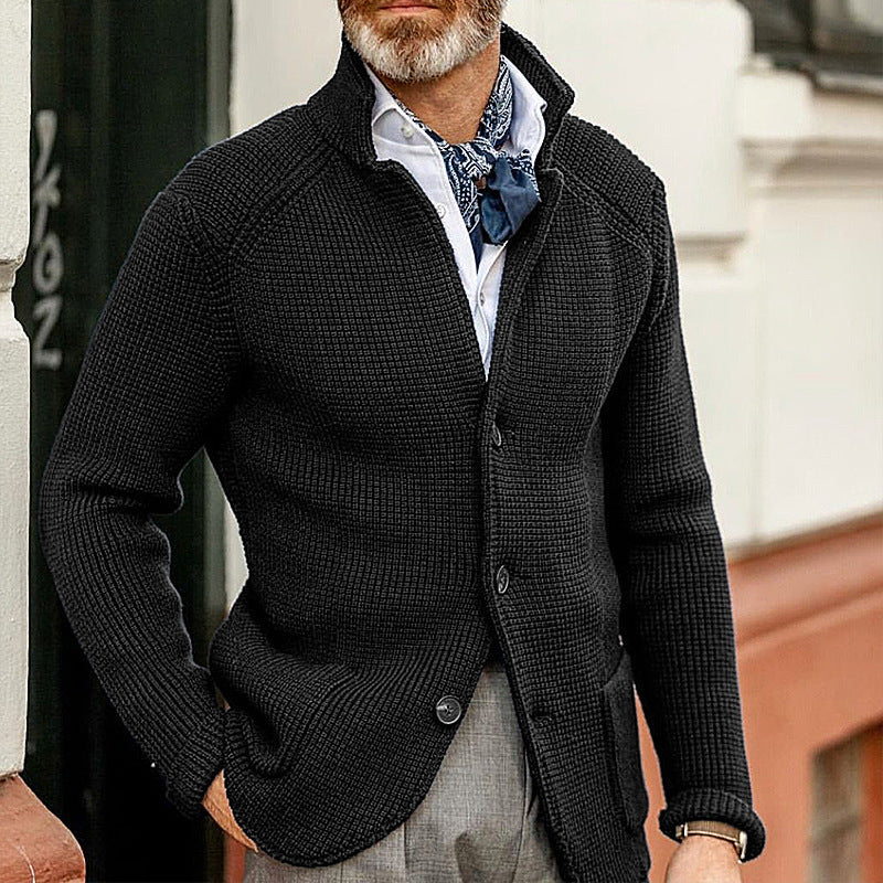 Men’s Solid Color Stand Collar Front Button Closure Waffle Knit Cardigan - Executive-Skincare