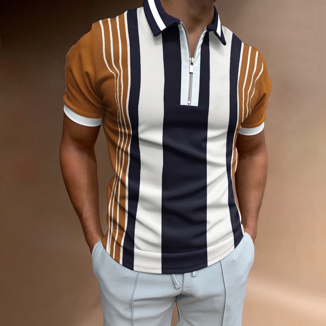 Short Sleeve POLO Shirt Casual Striped Plaid Print Zip Sweatshirt - Executive-Skincare