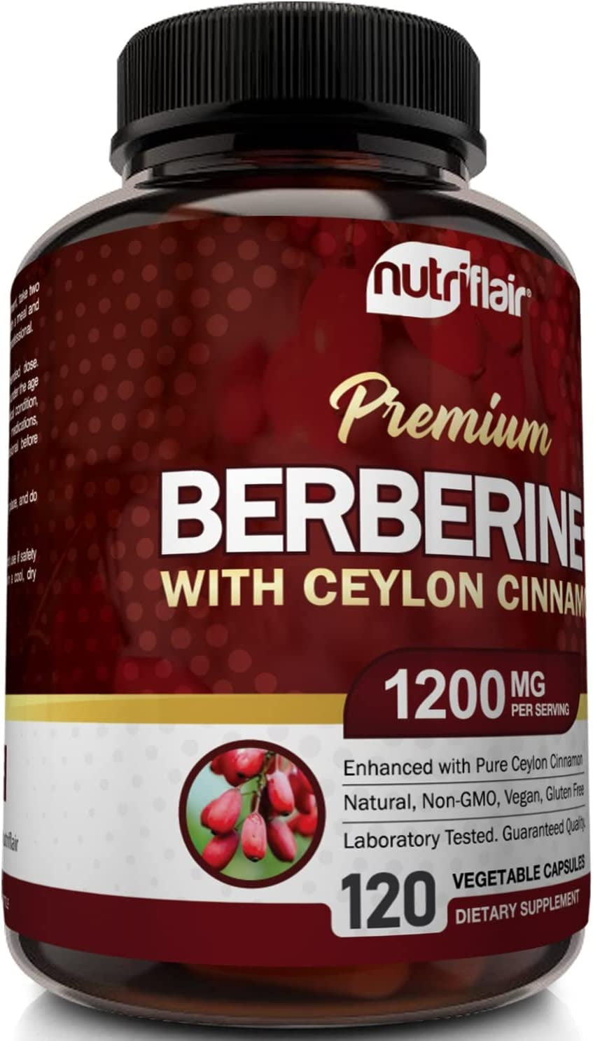 Premium Berberine HCL 1200Mg, 120 Capsules - plus Pure True Ceylon Cinnamon, Berberine HCI Root Supplements Pills - Supports Glucose Metabolism, Immune System, Healthy Weight Management