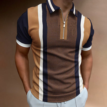 Short Sleeve POLO Shirt Casual Striped Plaid Print Zip Sweatshirt - Executive-Skincare