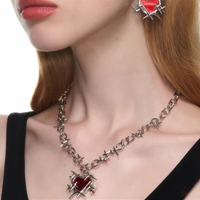 Red Thorns Love Heart Necklace and Earrings - Executive-Skincare