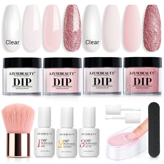 Dip Powder Nail Kit Starter, Nude Pink Glitter Neutral Skin Transparent, 4 Colors Dipping Powder Set All Seasons, French Nail Art Base Top Coat Activator Essential Liquid Manicure DIY Salon 12 PCS