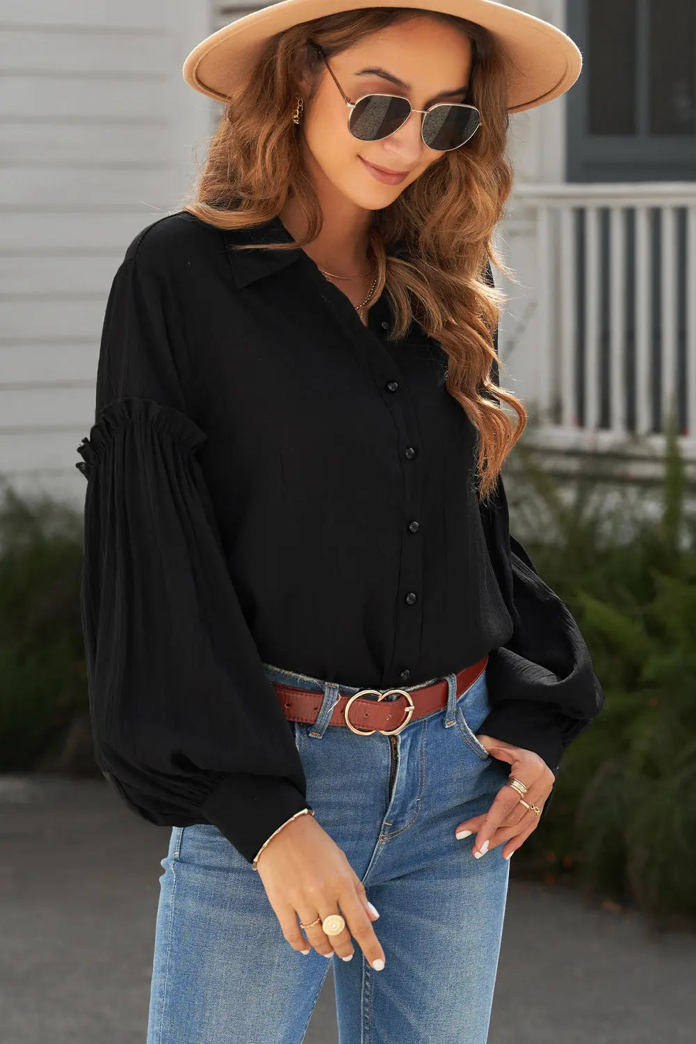 Button Front Bubble Sleeve Frill Trim Blouse - Executive-Skincare