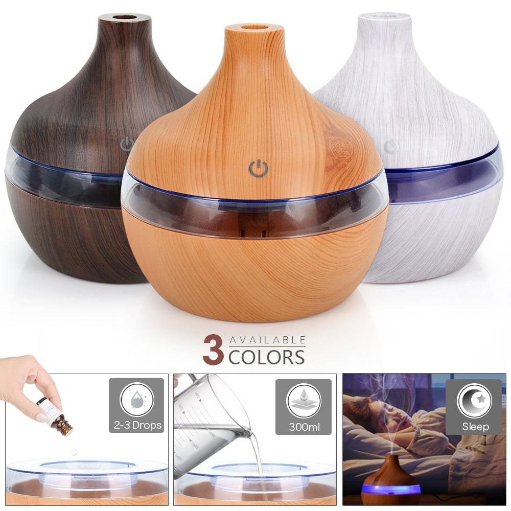 300ML USB Air Humidifier Electric Aroma Diffuser Mist Wood Grain Oil Aromatherapy Mini Have 7 LED Light For Car Home Office - Image #1