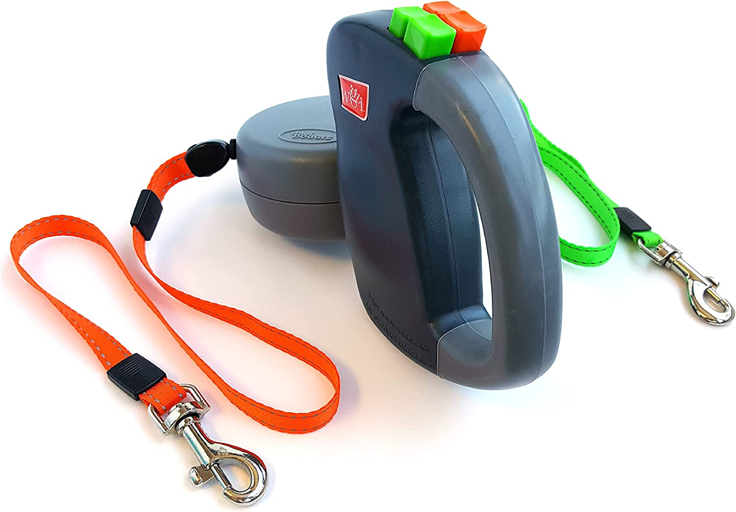 WIGZI (2 Two Dog Reflective Retractable Pet Leash – 360 Degree Zero Tangle Patent - Two Dogs Each up to 50 Lbs and 10Ft. Reflective Orange and Green Leads. Dual Locking, Small, Gray