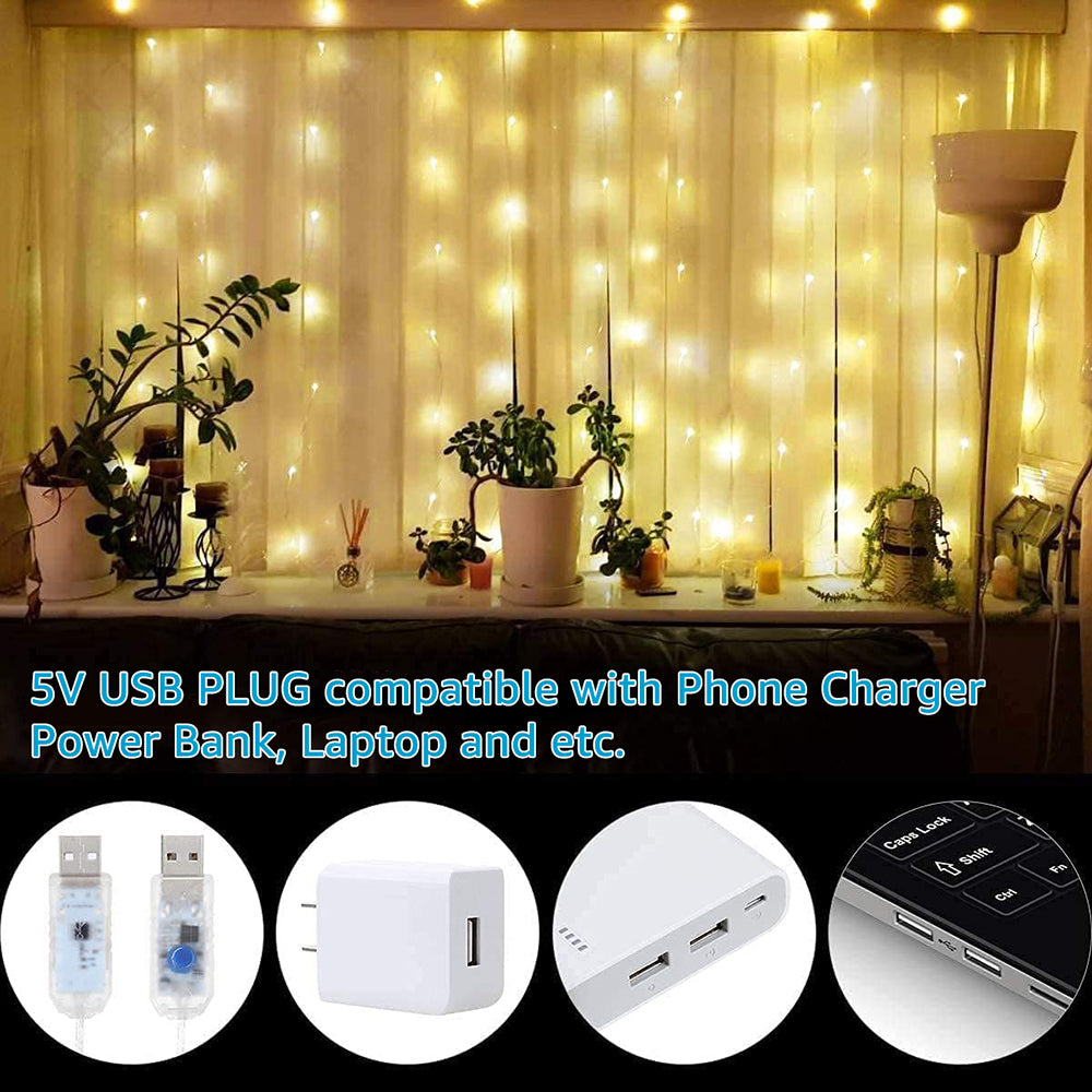 3m Usb Window Curtain Lights Remote Control 8 Modes Garland For - Executive-Skincare