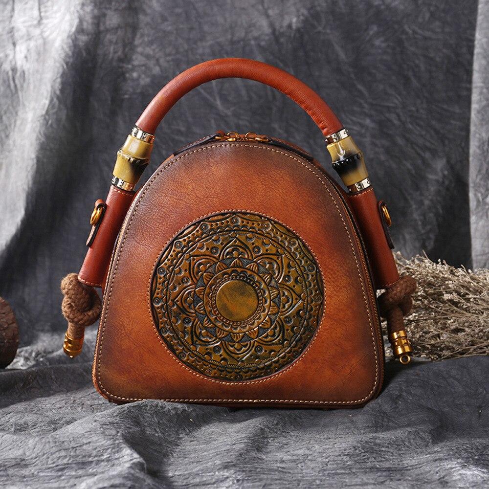 High Quality Genuine Embossed Leather Top Handle Bag Retro Handbag Totem Pattern Natural Skin Women Shoulder Tote Messenger Bags - Executive-Skincare