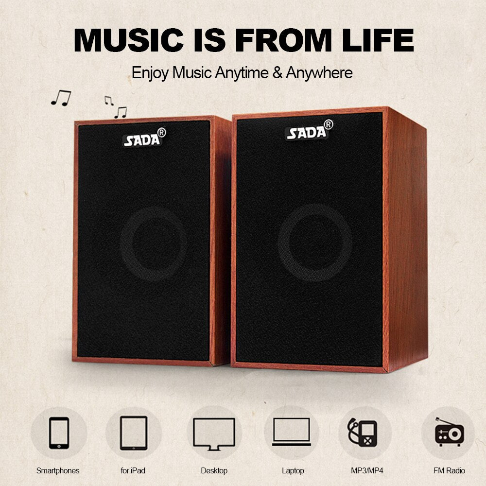 SADA V-160 Speakers USB Wired Wooden Combination Speakers Bass Stereo Music Player Subwoofer Sound Box for Computer Smart Phone