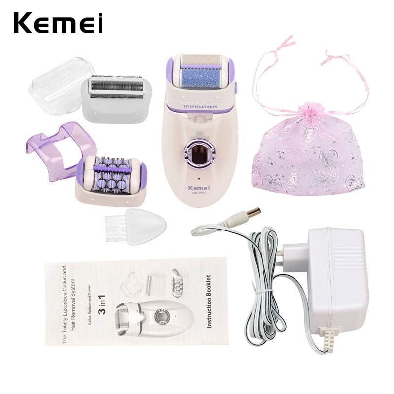 Kemei 3 In 1 Women Electric Dead Skin Callus Remover Lady Epilator Epilation Shaver Care Depilatory Depilation Bikini Body 3031 - Executive-Skincare