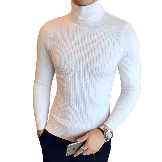 Slim Solid Color Turtleneck Sweater Mens Winter Long Sleeve Warm Knit Sweater Classic Solid Casual Bottoming Shirt