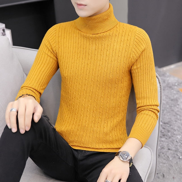 Slim Solid Color Turtleneck Sweater Mens Winter Long Sleeve Warm Knit Sweater Classic Solid Casual Bottoming Shirt