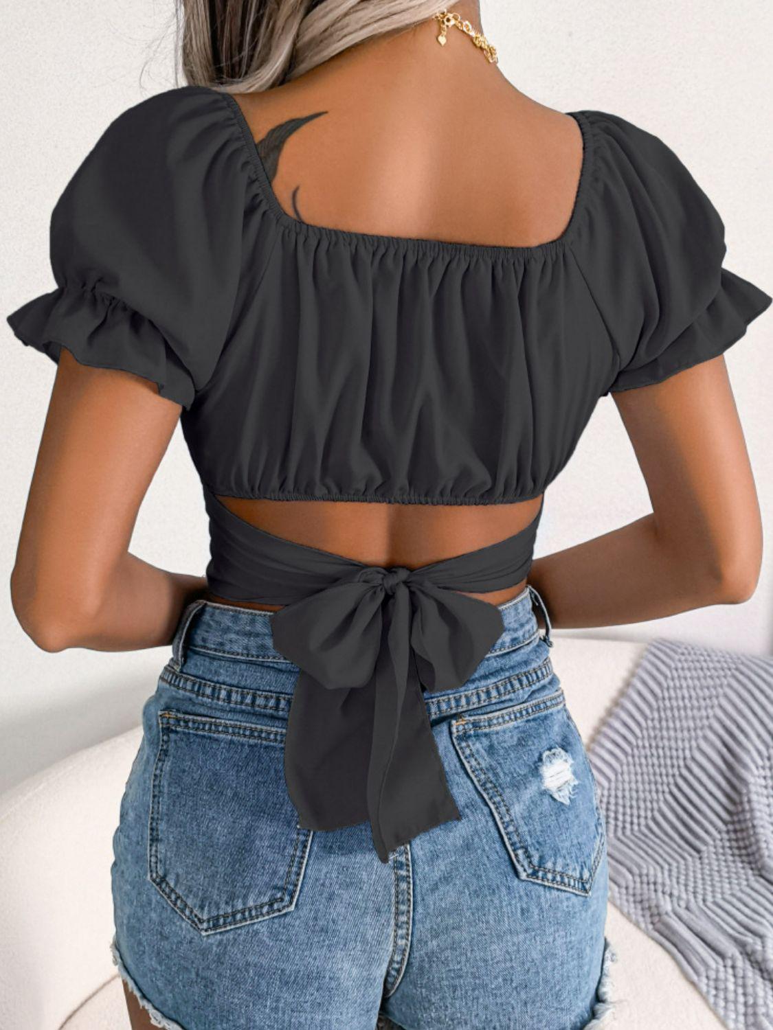 Square Neck Crisscross Flounce Sleeve Cropped Top - Executive-Skincare