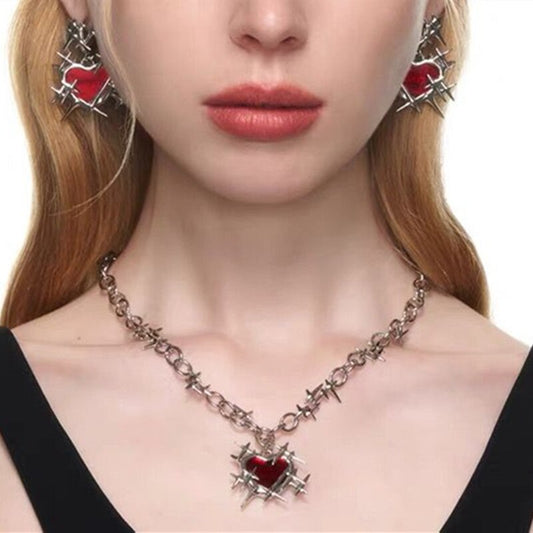 Red Thorns Love Heart Necklace and Earrings - Executive-Skincare