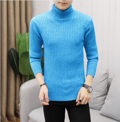 Slim Solid Color Turtleneck Sweater Mens Winter Long Sleeve Warm Knit Sweater Classic Solid Casual Bottoming Shirt