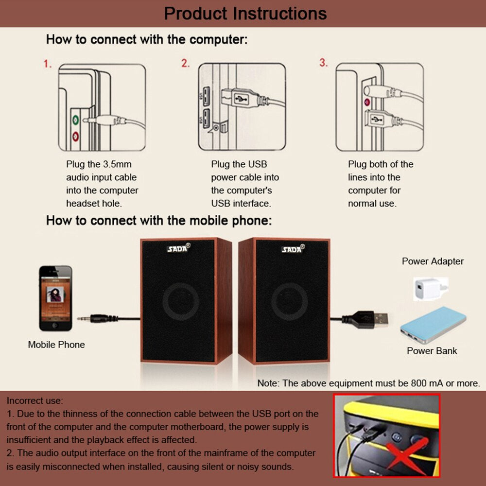 SADA V-160 Speakers USB Wired Wooden Combination Speakers Bass Stereo Music Player Subwoofer Sound Box for Computer Smart Phone