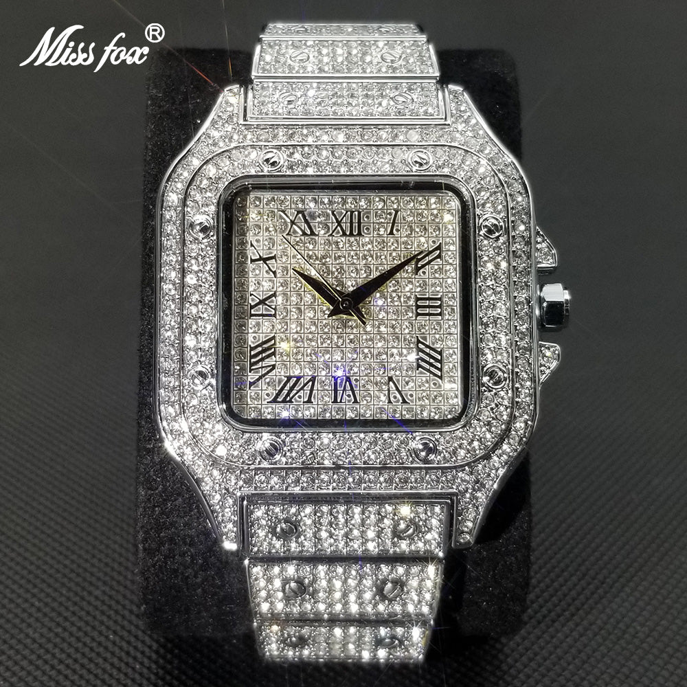 MISSFOX Ice Out Square Watch For Men Top Brand Luxury Full Diamond Mens Watches Ultra Thin Waterproof Hip Hop Clock - Executive-Skincare