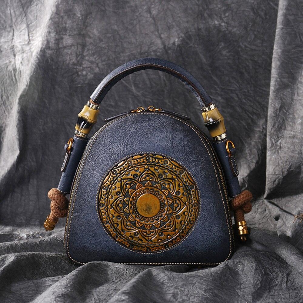 High Quality Genuine Embossed Leather Top Handle Bag Retro Handbag Totem Pattern Natural Skin Women Shoulder Tote Messenger Bags - Executive-Skincare