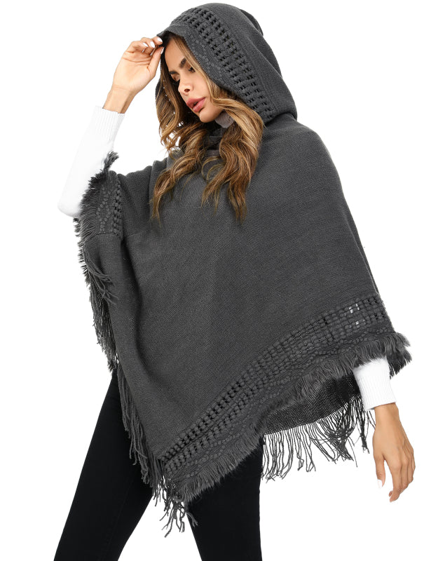 Women's Ethnic Fringe Hooded Knit Cape Shawl - Executive-Skincare