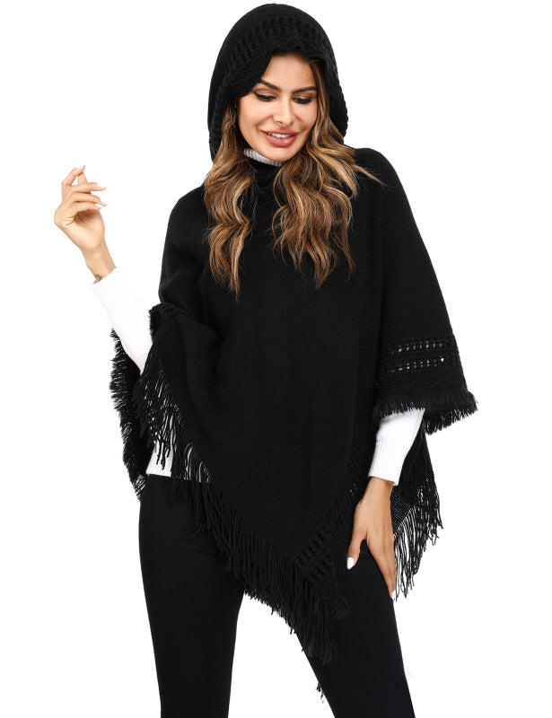 Women's Ethnic Fringe Hooded Knit Cape Shawl - Executive-Skincare