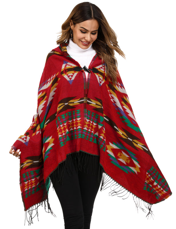 Women's Ethnic Fringe Hooded Knit Cape Shawl - Executive-Skincare