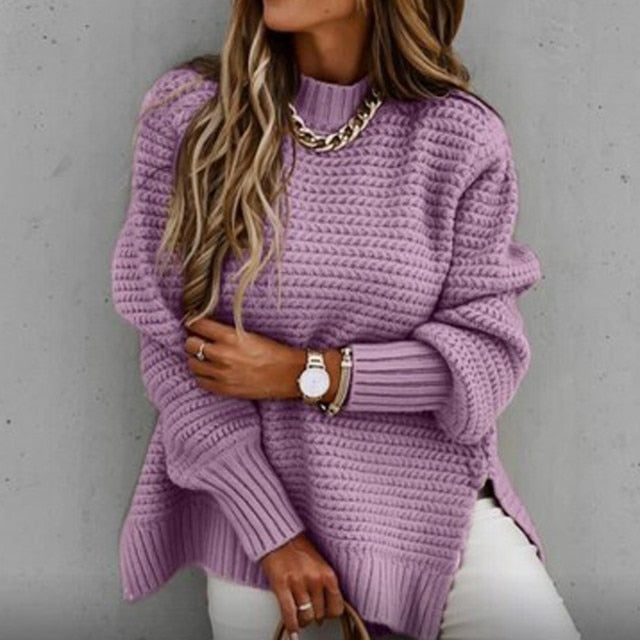 Women High Neck Pullover Long Sleeve Coarse Knit Sweaters - Executive-Skincare