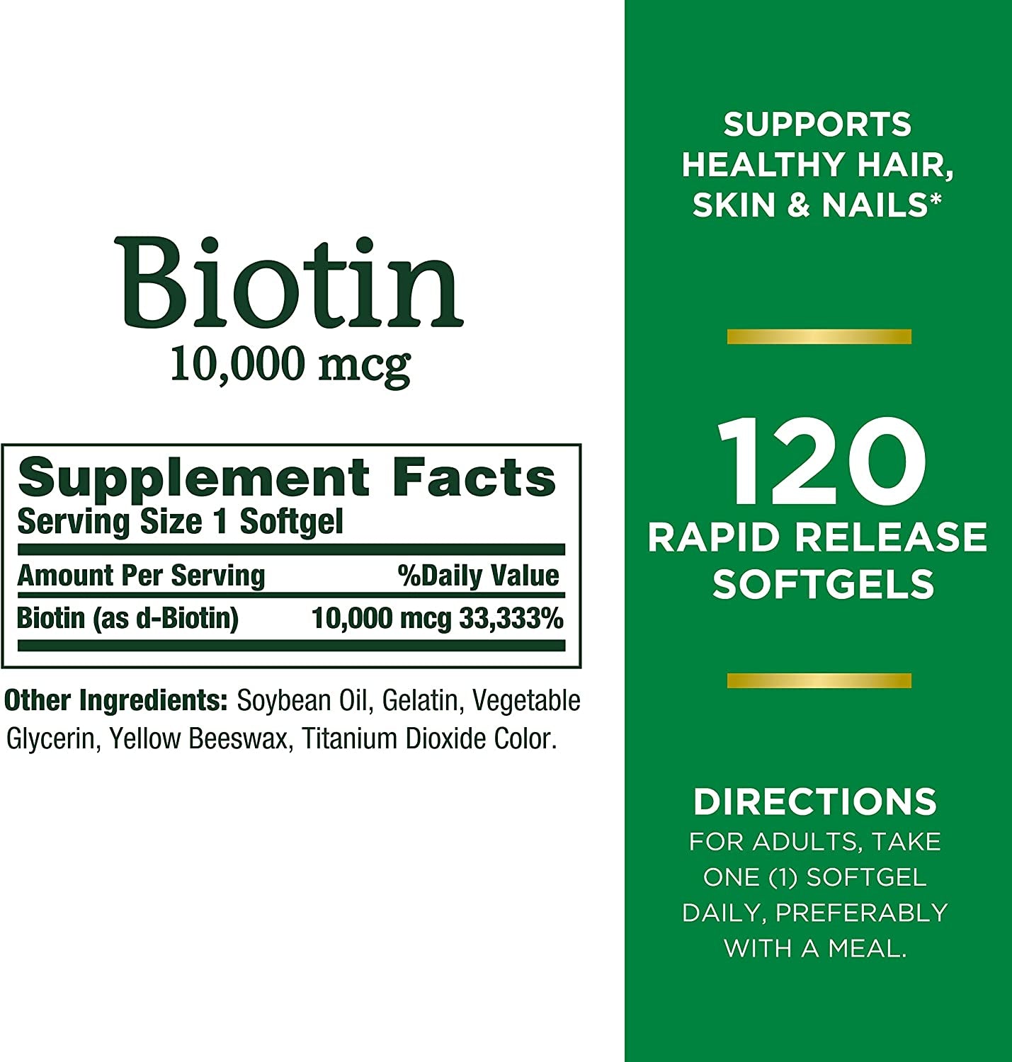 Nature’S Bounty Biotin, Supports Healthy Hair, Skin and Nails, 10,000 Mcg, Rapid Release Softgels, 120 Ct