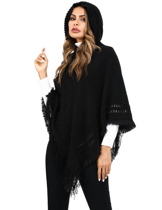 Women's Ethnic Fringe Hooded Knit Cape Shawl - Executive-Skincare