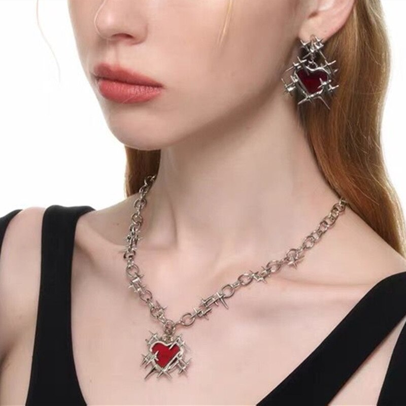 Red Thorns Love Heart Necklace and Earrings - Executive-Skincare