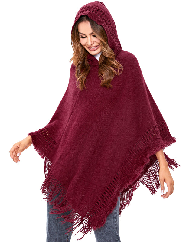 Women's Ethnic Fringe Hooded Knit Cape Shawl - Executive-Skincare