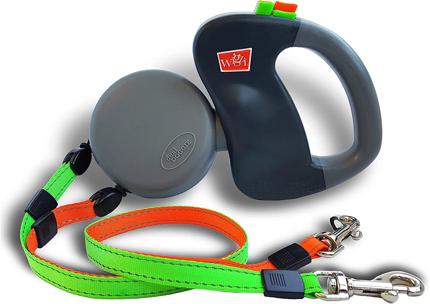 WIGZI (2 Two Dog Reflective Retractable Pet Leash – 360 Degree Zero Tangle Patent - Two Dogs Each up to 50 Lbs and 10Ft. Reflective Orange and Green Leads. Dual Locking, Small, Gray