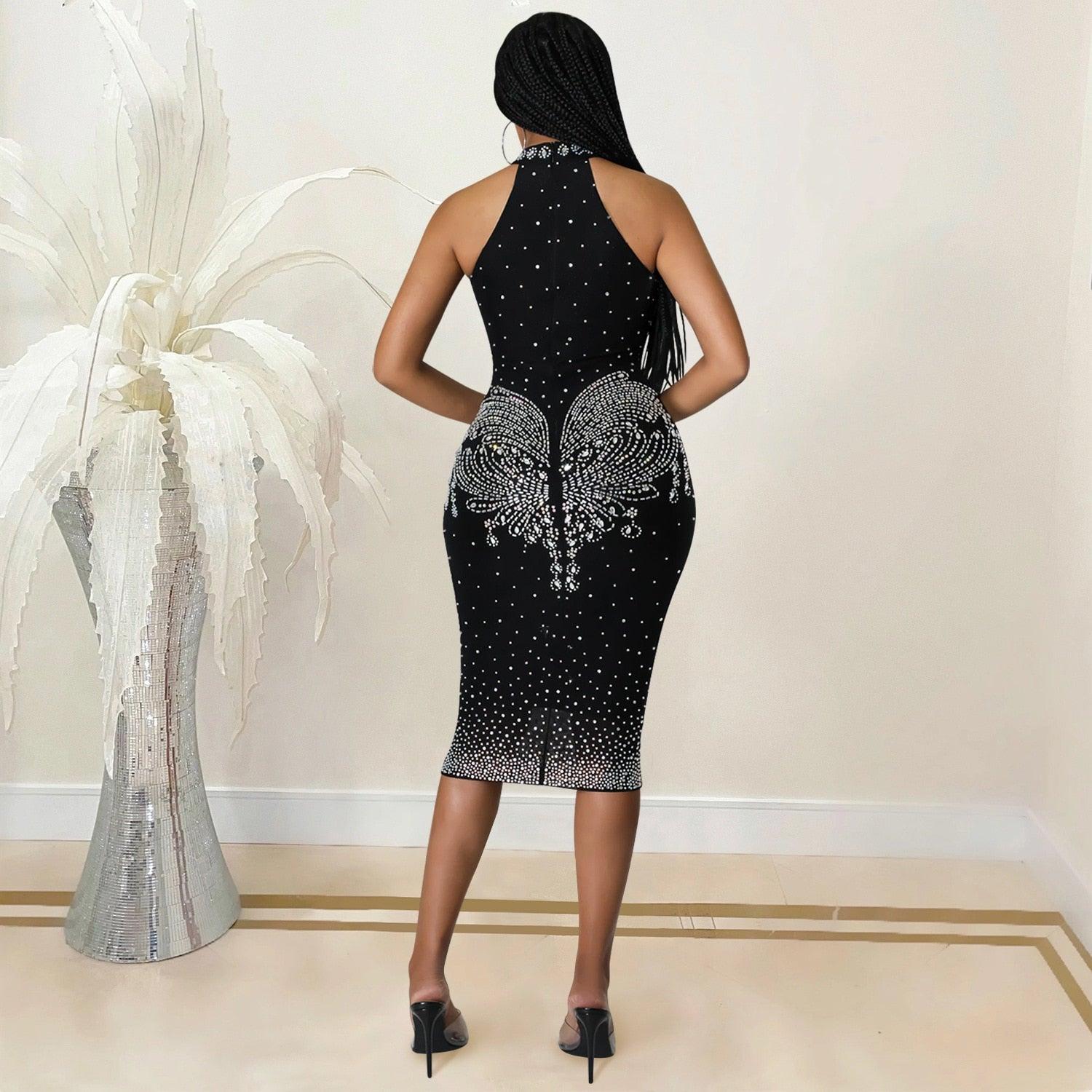 Clothing Sleeveless Diamonds Hot Rhinestones Paisley Bodycon Bandage Midi Dress for Women 2022 Sexy Party Club Chic Even Dresses - Executive-Skincare