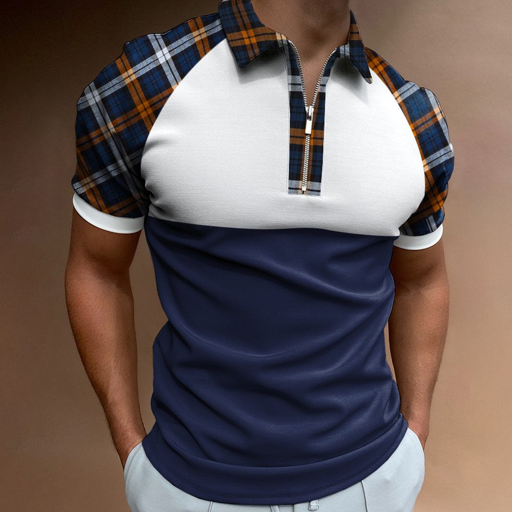 Short Sleeve POLO Shirt Casual Striped Plaid Print Zip Sweatshirt - Executive-Skincare