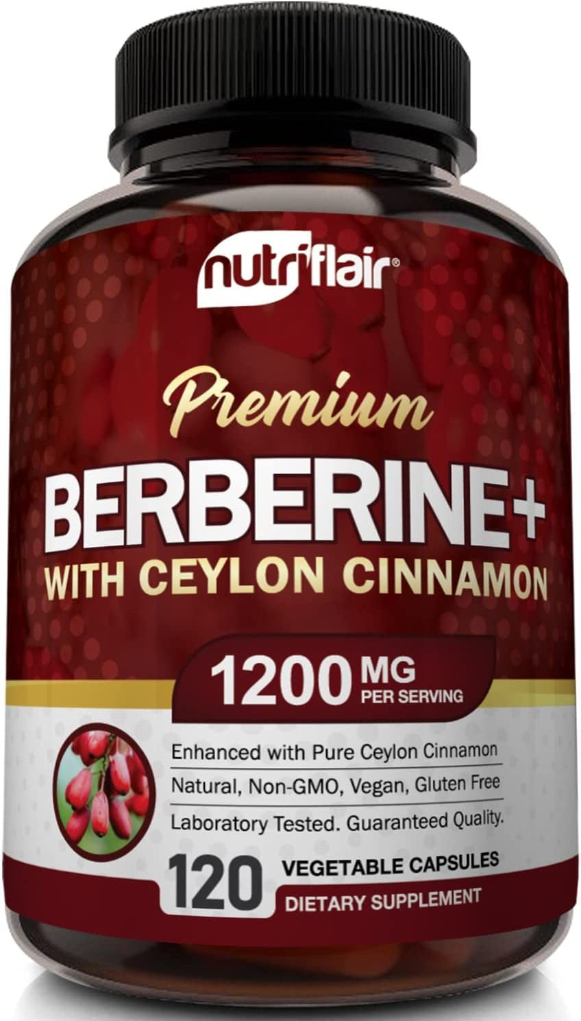 Premium Berberine HCL 1200Mg, 120 Capsules - plus Pure True Ceylon Cinnamon, Berberine HCI Root Supplements Pills - Supports Glucose Metabolism, Immune System, Healthy Weight Management