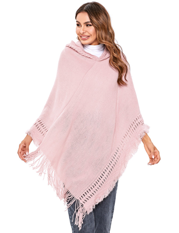 Women's Ethnic Fringe Hooded Knit Cape Shawl - Executive-Skincare