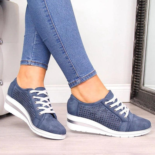 Wedge Shoes Summer Autumn Casual Canvas Sneakers Breathable Platform Sneakers Meddle Heel Pointed Toe Air Mesh Shoe - Executive-Skincare