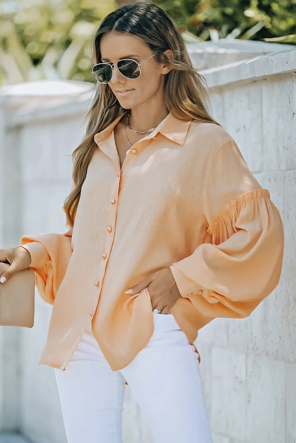 Button Front Bubble Sleeve Frill Trim Blouse - Executive-Skincare