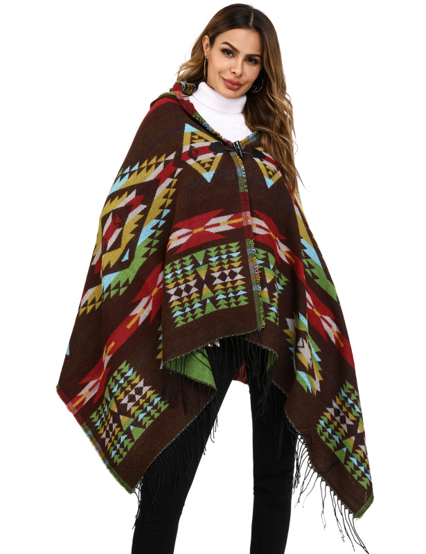 Women's Ethnic Fringe Hooded Knit Cape Shawl - Executive-Skincare