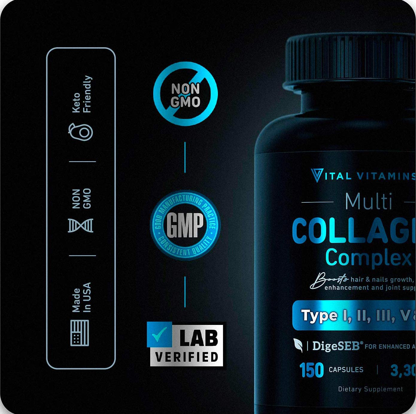 Multi Collagen Complex - Type I, II, III, V, X, Grass Fed, Non-Gmo, 150 Capsules