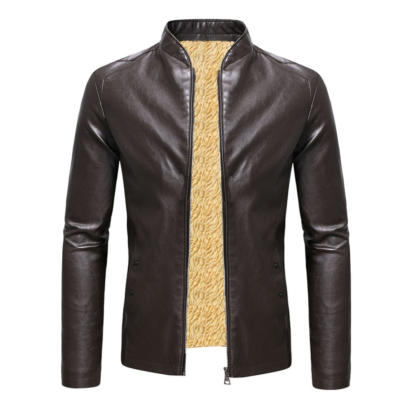 2022 Winter Fleece Leather Jacket Men PU Faux Warm Suede Fashion Stand Collar Casual Solid Motorcycle Leather Jackets Coat Men - Executive-Skincare