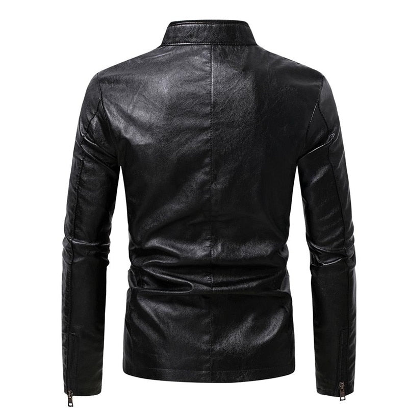 2022 Winter Fleece Leather Jacket Men PU Faux Warm Suede Fashion Stand Collar Casual Solid Motorcycle Leather Jackets Coat Men - Executive-Skincare