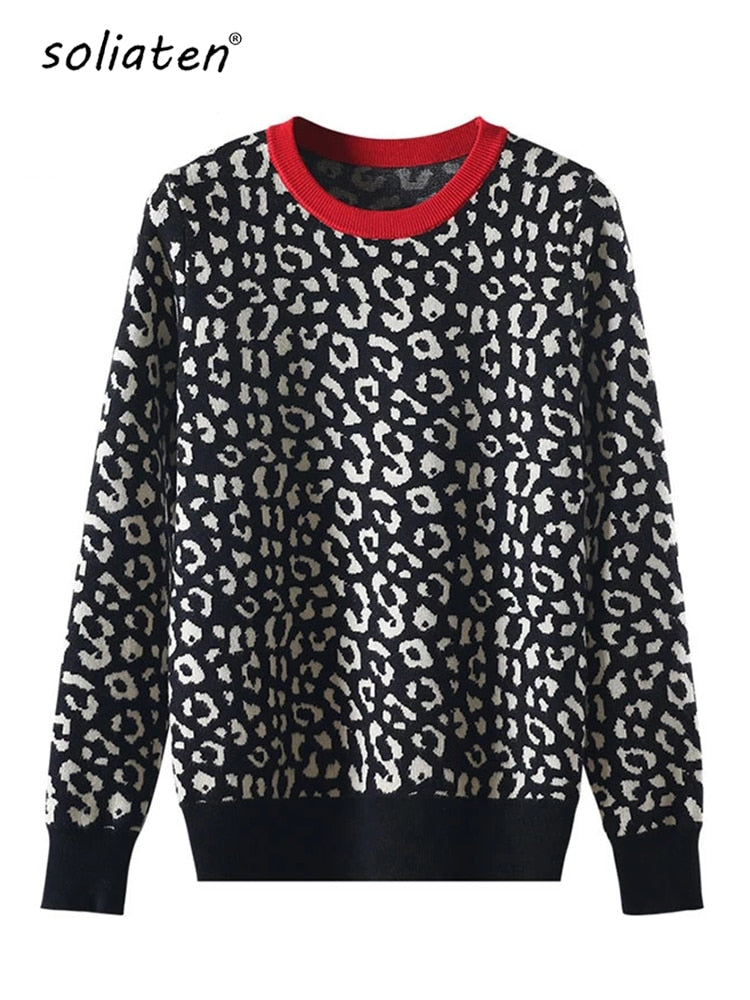 Autumn Winter Women Sweaters Leopard Knitted Pullovers Long Sleeve Contrast Color Crewneck Jumpers Sweter Mujer C- 026 - Executive-Skincare