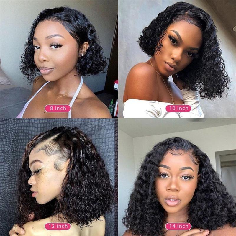 Short Curly Bob Wig Water Wave Human Hair Wigs Remy Brazilian 13x1 4x1 Bob T Part Lace Wig For Women Natural Black 180% Density - Executive-Skincare