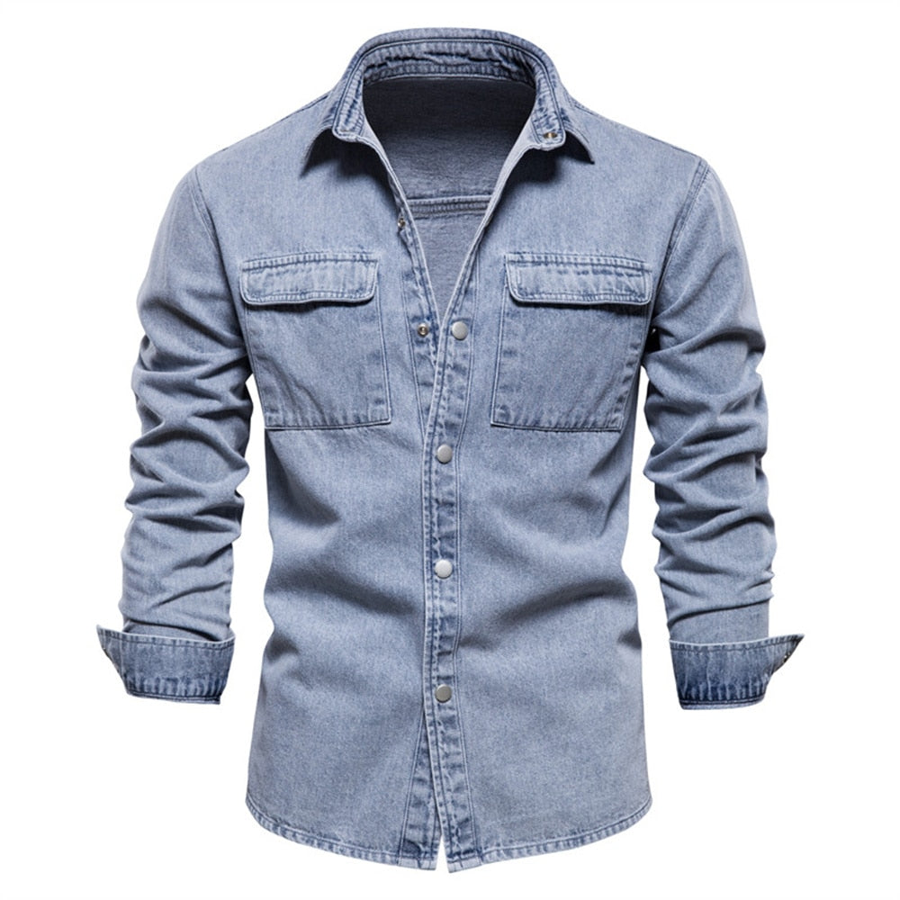 Casual Long Sleeve Shirt | Jean Long Shirt | Cotton Shirts | Denim - Executive-Skincare