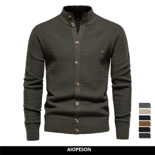 Aiopeson Knitted Mens Cardigan Cotton High Quality Button Mock Neck - Executive-Skincare