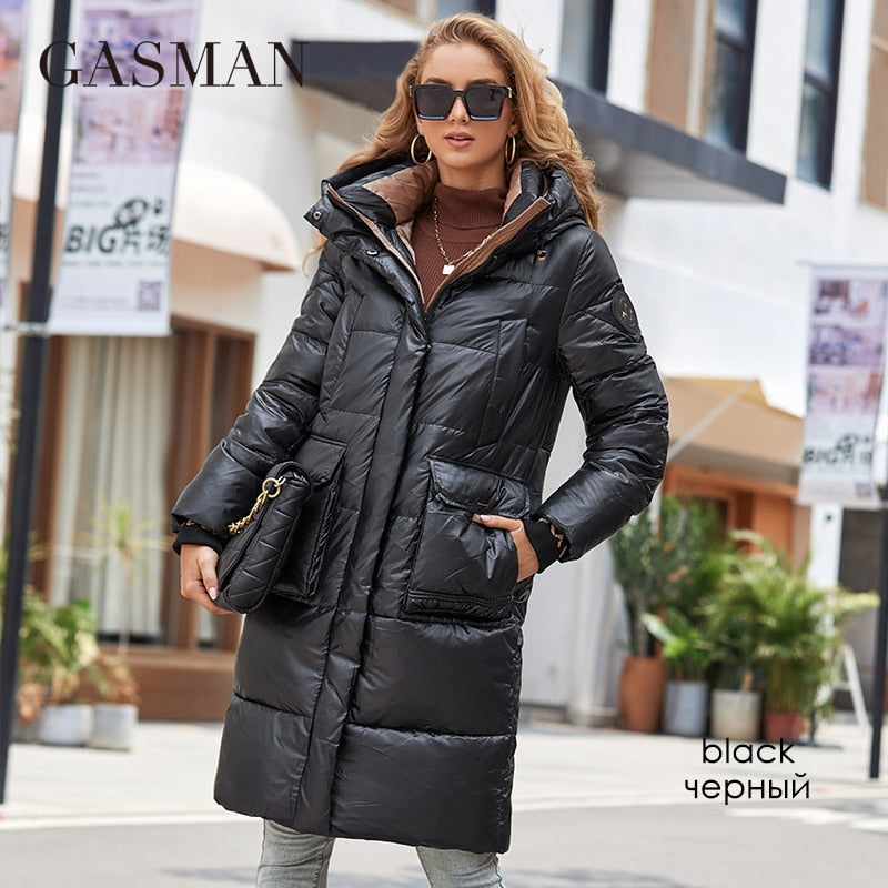 GASMAN 2022 Women down Jacket Long Classic zipper design Big Pocket Stand Collar Hooded Slim coat Women Parkas LD-21715 - Executive-Skincare