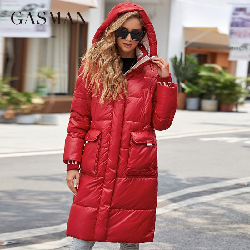 GASMAN 2022 Women down Jacket Long Classic zipper design Big Pocket Stand Collar Hooded Slim coat Women Parkas LD-21715 - Executive-Skincare