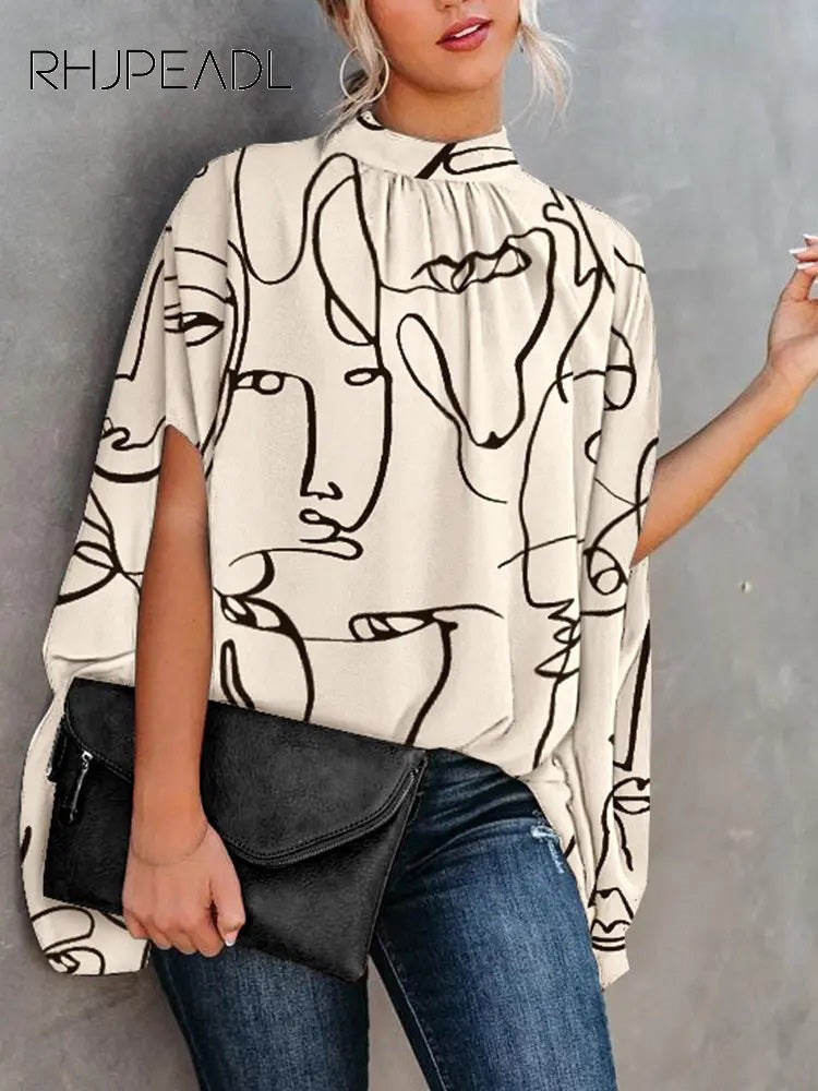 Casual Loose Women's Blouse Fashion Batwing Sleeve Print O neck Shirts