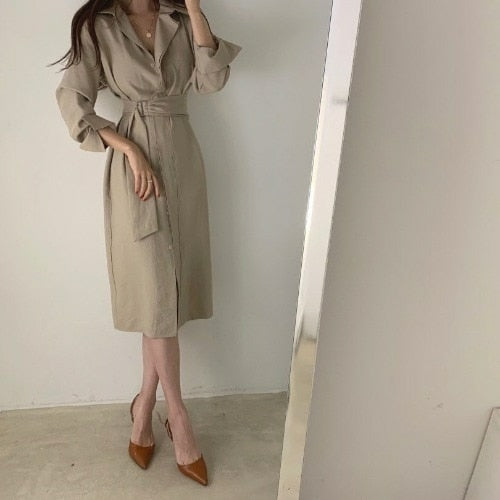 Chic Slim Fit Shirt Dress Office Ladies Long Sleeve A line Casual Midi - Executive-Skincare