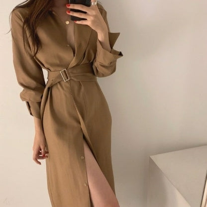 Chic Slim Fit Shirt Dress Office Ladies Long Sleeve A line Casual Midi - Executive-Skincare